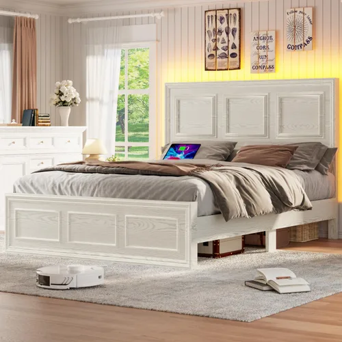 Incyneva Base de cama matrimonial con cabecera ajustable en altura, marco de cama de plataforma de granja con puerto de carga y luces LED, no