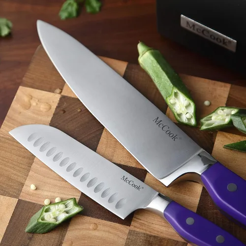 Miniatura 5 de McCook FDA Juego de cuchillos de cocina de acero inoxidable con bloque de madera y tijeras de cocina multiusos Púrpura/Negro