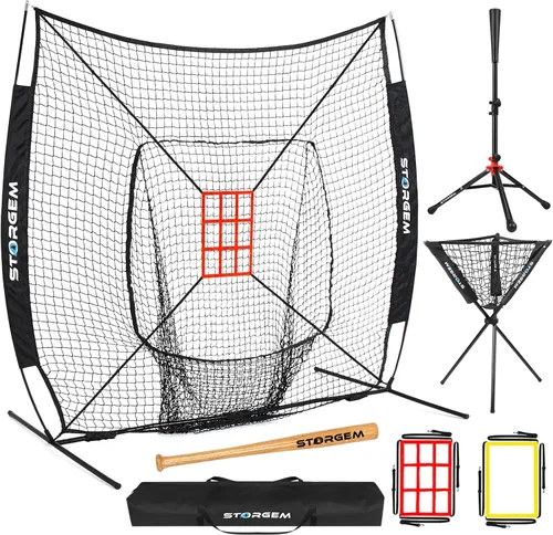 Miniatura 10 de Storgem Red de práctica de béisbol y softbol de 77 pies – Soporte portátil para bateo, lanzamiento, entrenamiento de bateo con camiseta, organizador