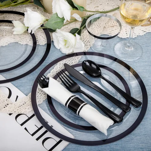 Miniatura 2 de I00000 Juego de 210 platos de plástico transparente y negro, juego de vajilla desechable, incluye 30 platos de cena, 30 platos de postre, 30 vasos