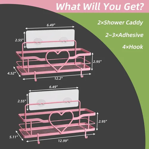 Miniatura 6 de Organizador de ducha rosa con 4 ganchos extraíbles, 2 paquetes de estantes de ducha Sweet Heart, estante organizador adhesivo sin perforaciones