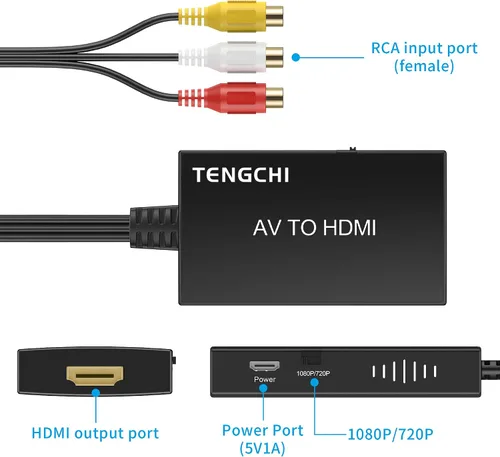 Miniatura 3 de Tengchi Convertidor RCA a HDMI, adaptador compuesto a HDMI compatible con 1080P PAL/NTSC compatible con PS One, PS2, PS3, STB, Xbox, VHS, VCR