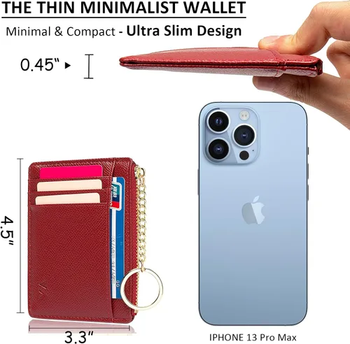 Miniatura 100 de Tarjetero delgado con bloqueo RFID, billetera de bolsillo pequeño, con cremallera Keychian para monedero, monedero y tarjetero para mujeres y hombres