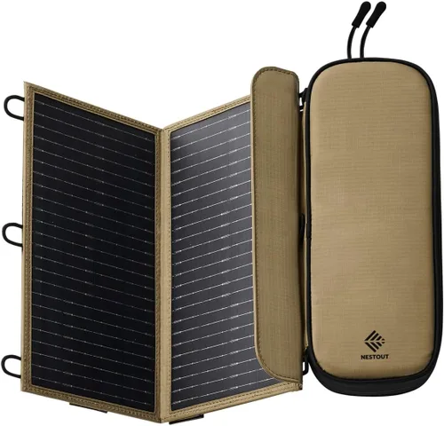 NESTOUT Portable Solar Panel, USB-C and USB-A Ports, 14W Solar Charger for Camping, Water Repellent Ripstop Nylon, Foldable Compact Design, Digital