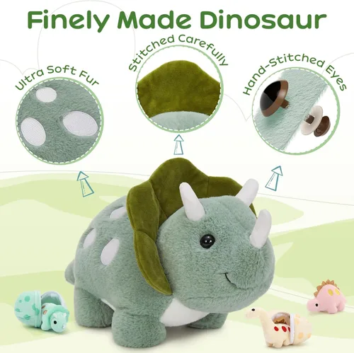 Miniatura 5 de Animales de peluche de dinosaurio, juguete de peluche para niñas y niños, una mamá dinosaurio con 3 dinosaurios bebés, triceratops, estegosaurio