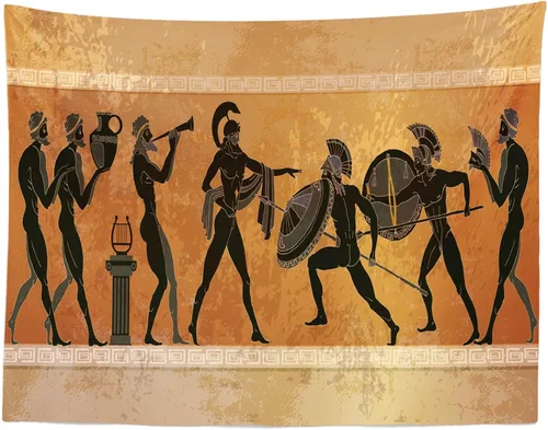 Miniatura 5 de Telón de fondo de tela de 5 x 3 pies, fondo de guerrero de la antigua Grecia antigua, mitología griega, figura negra, figuras de guerreros
