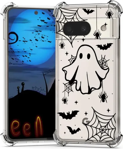 Miniatura 46 de Funda de Halloween para Google Pixel 6A transparente con diseños de murciélagos fantasmas, funda para teléfono para niñas, elegante, delgada, a