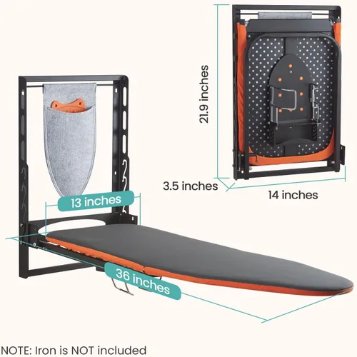 Miniatura 7 de Seiritex Tabla de planchar montada en la pared con soporte para plancha, 36 x 13 pulgadas, tabla de planchar plegable de montaje compacto