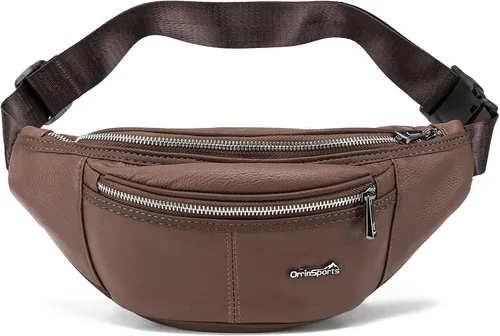 Riñonera de cuero negro para hombres y mujeres, bolsa de cintura de cuero genuino con correa ajustable para caminar, senderismo, ciclismo, marrón