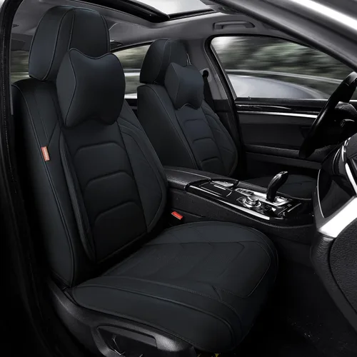 TIEHESYT - Fundas de asiento de auto color negro, fundas de cuero transpirable para asientos delanteros y reposacabezas, ajuste interior universal