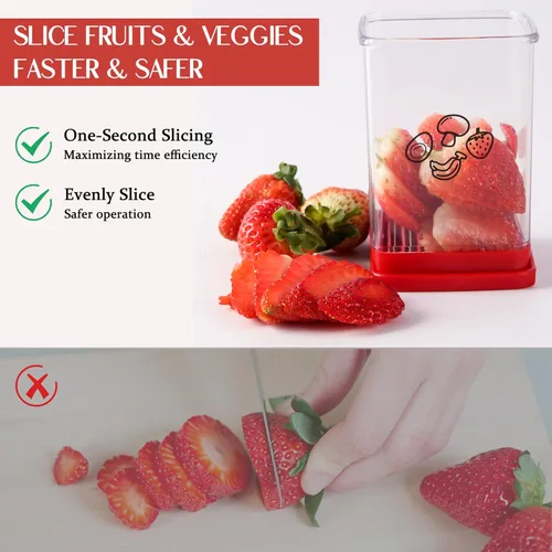 Miniatura 2 de Taza rebanadora de frutas, cortador de fresas, cortador de fresas y verduras de acero inoxidable con placa de empuje, hace rápidamente ensalada
