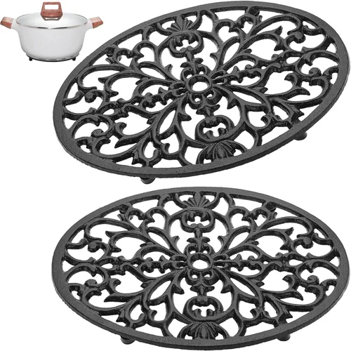 Miniatura 9 de Sumnacon 2 salvamanteles redondos de hierro fundido – Salvamanteles de hierro resistentes al calor de 8 pulgadas para platos calientes, tetera, Negro