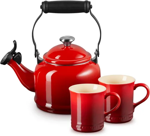 Le Creuset Juego de 2 tazas de esmalte en acero con acabados metálicos y cerámica, 1.25 cuartos de galón de agua y (2) tazas de 14 onzas, color