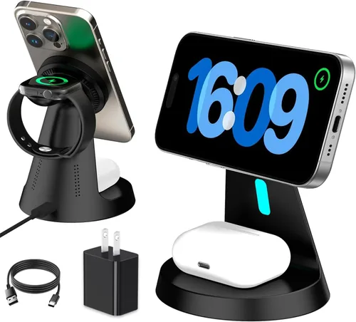 Cargador inalámbrico compatible con Mag-Safe, estación de carga 3 en 1 para iPhone 17/16/15/14/13/12, Apple Watch, AirPods, carga rápida de 15 W