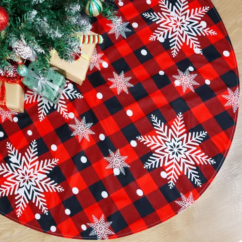 Miniatura 15 de Falda de árbol de Navidad, 48 pulgadas Falda de árbol de Navidad a cuadros de búfalo rojo y negro, falda de árbol de Navidad rústica gruesa