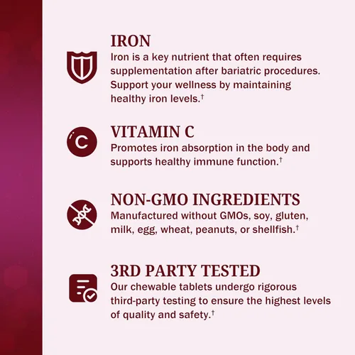 Miniatura 5 de BioSchwartz Vitamina C bariátrica con hierro 45 mg tabletas masticables – 30 porciones, 60 tabletas – Suplemento de hierro bariátrico sin azúcar