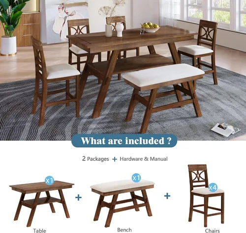 Miniatura 3 de SOFTSEA Juego de mesa de comedor de estilo rústico de 6 piezas para 6, mesa de cocina de madera con banco y 4 sillas tapizadas, juego de mesa