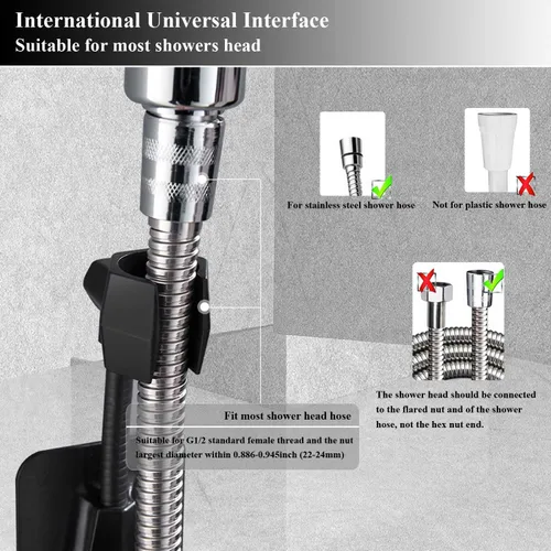 Miniatura 6 de Soporte para cabezal de ducha, adhesivo fuerte, giratorio de 360 grados, ajustable, soporte de montaje en pared para baño (negro)