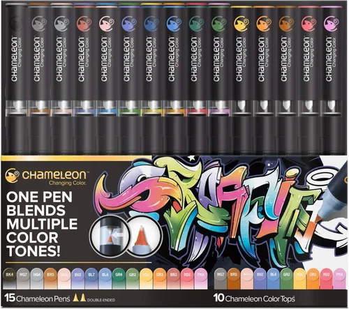 Bolígrafos de arte Chameleon, juego de lujo de 25 bolígrafos (15 bolígrafos + 10 tapas de color) - Multicolor, punta cincel de 0,3 mm, ambidiestro,