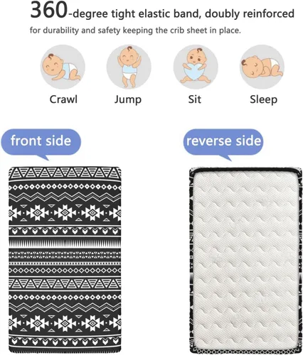 Miniatura 5 de Sábanas bajeras ajustables para cuna pequeña con temática azteca, sábana portátil para cuna para niño o niña, 24 x 38 pulgadas, color blanco y negro
