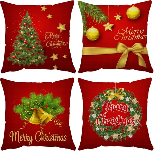 Miniatura 25 de Juego de 4 fundas de almohada de Navidad de 12 x 12 pulgadas, fundas de almohada de terciopelo de Navidad, fundas de almohada doradas y rojas