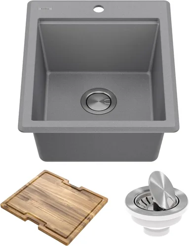 Miniatura 17 de KRAUS Bellucci KGTW12-18MBL - Fregadero de cocina de estación de trabajo de granito, 46 cm, montaje directo, cuenco individual, montaje superior