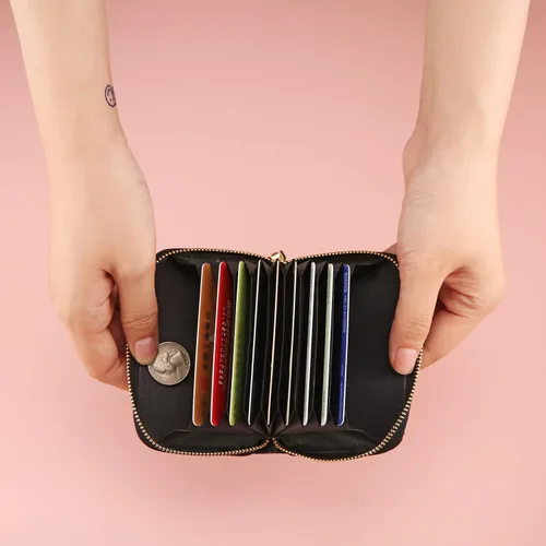 Miniatura 7 de AsAlways Funda con cremallera multicapa con diamantes de imitación RFID, cartera pequeña delgada para mujer, Rosado, Moderno