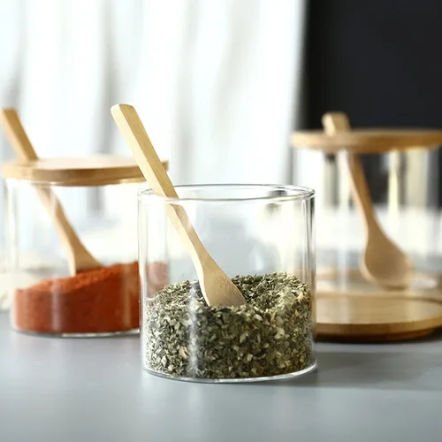 Miniatura 7 de Tarro de vidrio transparente de 10.1 fl oz/10 onzas con tapa de bambú y cuchara de madera, lindo recipiente de almacenamiento de sal de baño