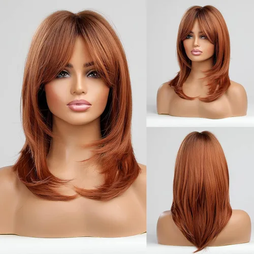 Alanhair MEACO - Pelucas color castaño rojizo para mujer, pelucas largas en capas naranjas con flequillo, pelucas de fibra sintética resistentes al