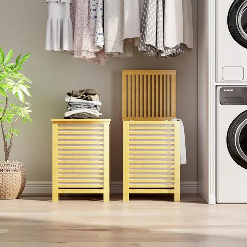 Miniatura 9 de SMIBUY Cesta de lavandería doble con tapa, cesta de lavandería de bambú de 120L con bolsa interior extraíble, clasificador de ropa de 2 secciones