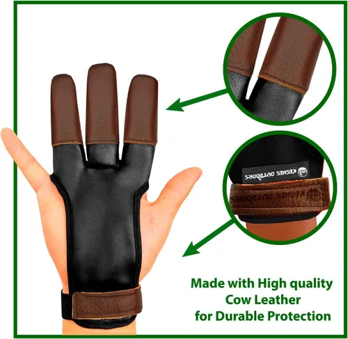 Miniatura 5 de Guante de tiro con arco – Lengüeta de tres dedos con protector de dedo de cuero duradero para arcos recurvos y largos – Protector cómodo