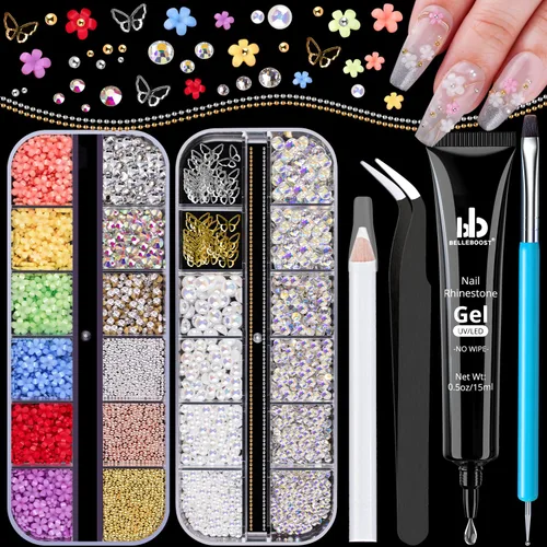 Miniatura 20 de Dijes para uñas 3D, kit de manicura con gel de pegamento de diamantes de imitación para uñas (curado UV), mariposa blanca rosa flor gemas AB 03-2