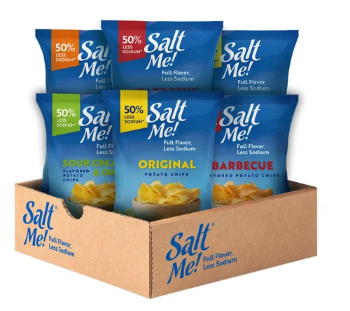 SaltMe! Paquete variado de 4 sabores, 50% bajo en sal, Kosher, sin OMG, Better for You, Original-BBQ-SC & Onion-Ched & Sour Cream 5 onzas, paquete