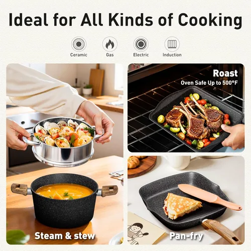 Miniatura 3 de DishDelight Juego de ollas y sartenes antiadherentes, 17 piezas de utensilios de cocina de granito con revestimiento de granito antiadherente, juego