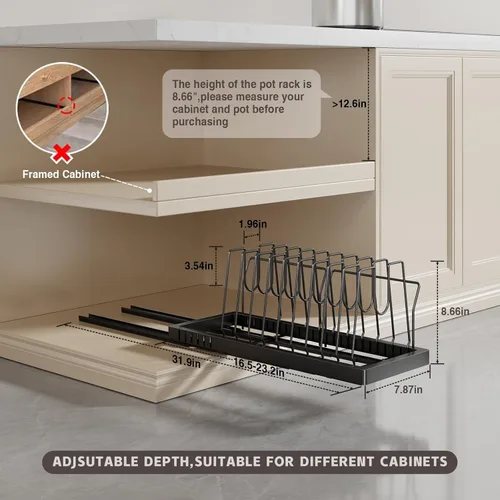 Miniatura 6 de Magheo Organizador de ollas y sartenes debajo del gabinete, organizador de tapa extraíble extensible de 22 pulgadas de profundidad y almacenamiento