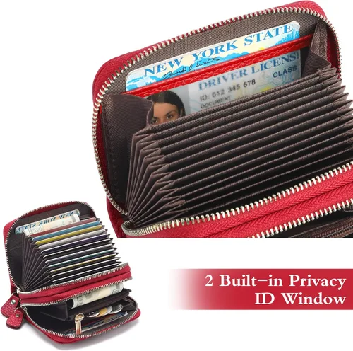 Miniatura 7 de GOIACII Cartera con tarjetero RFID para mujer, pequeña cartera de piel auténtica con 2 cremalleras