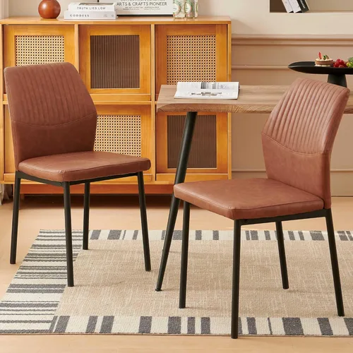 Miniatura 16 de Juego de 4 sillas de comedor de piel sintética marrón, cómodas sillas de cocina tapizadas sin brazos con patas de metal negro para sala de estar