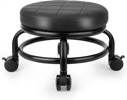 Taburete bajo con ruedas de baja altura, asiento de cuero sintético, silla pequeña, taburetes rodantes redondos para oficina en casa, garaje, tienda