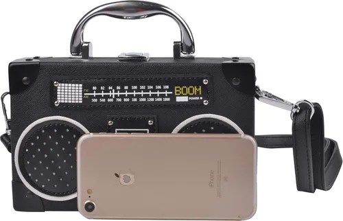 Miniatura 4 de QZUnique Bolsa de hombro con forma de cinta grabadora de radio bolsa cruzada de poliuretano para mujer bolsa de noche retro bolso de mano