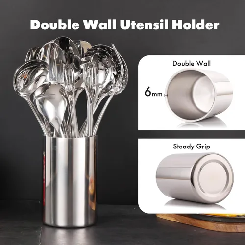 Miniatura 5 de Juego de utensilios de cocina de acero inoxidable 18/10 con soporte - Juego de cucharas espátula de 15" con organizador de almacenamiento para 12