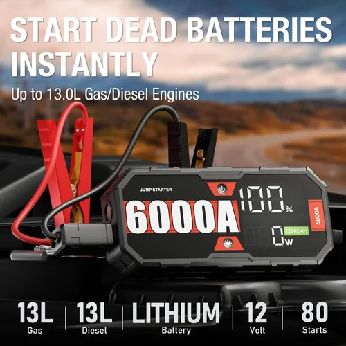 Miniatura 2 de JFEGWO 6000A Jump Starte, Paquete de Refuerzo para Coche de 12V, para Coche de Gasolina de 13L o Diésel de 13L Arrancador Portátil de Batería
