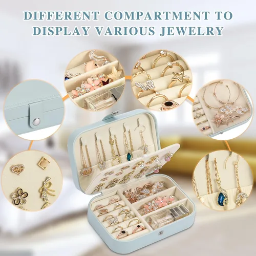 Miniatura 4 de Joyero de viaje, organizador de joyas pequeño de piel sintética para mujeres y niñas, mini estuche de viaje portátil de doble capa para guardar