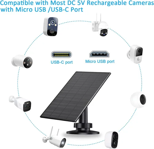 Miniatura 6 de Panel solar de 2 W para cámara de seguridad al aire libre, cargador USB/USB-C con IP65 impermeable, montaje ajustable de 360° y cable de 7.2 pies