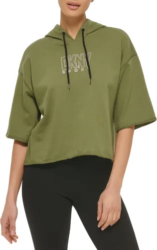 DKNY Sudadera con capucha de manga corta con logotipo de diamantes de imitación para