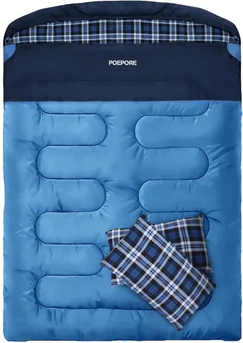 Miniatura 12 de Saco de dormir doble de franela para adultos con 2 almohadas, sacos de dormir para 2 personas, camping, XXL, tamaño Queen, saco de dormir para dos