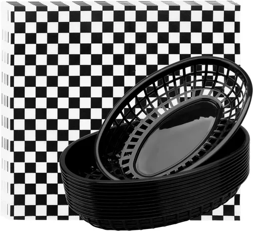 Miniatura 10 de EUSOAR Cestas de hamburguesa y forros de papel, 12 cestas reutilizables de plástico negro de 9.4 x 5.9 pulgadas para servir alimentos y 10 x 11