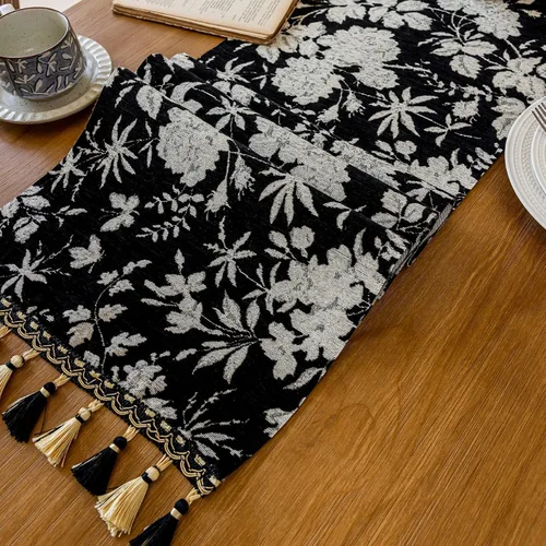 Miniatura 5 de Camino de mesa botánico floral para sala de estar, camino de mesa de comedor de flores jacquard con borlas, moderno, decorativo, elegante, natural