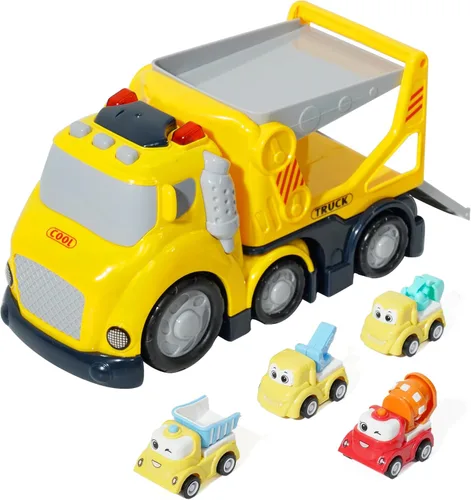 Miniatura 9 de Forty4 Paquete de 9 autos de juguetes para niños y niñas de 2, 3, 4, 5 años, camión de transporte grande con 8 pequeños camiones de tracción