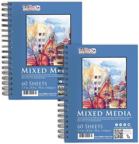 U.S. Art Supply Cuaderno de bocetos mixto de 5.5 x 8.5 pulgadas, paquete de 2 (60 hojas), 98 libras (160 GSM) - Bloc encuadernado en espiral con