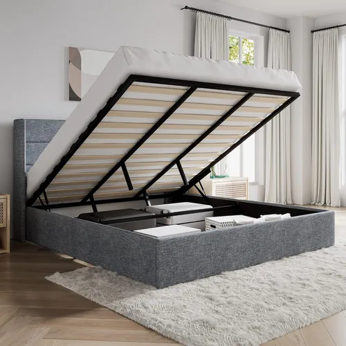 Miniatura 14 de SHA CERLIN - Cama de tamaño completo con almacenamiento elevado/Cabecero abatible moderno/Base de cama tapizada con plataforma/Almacenamiento Beige